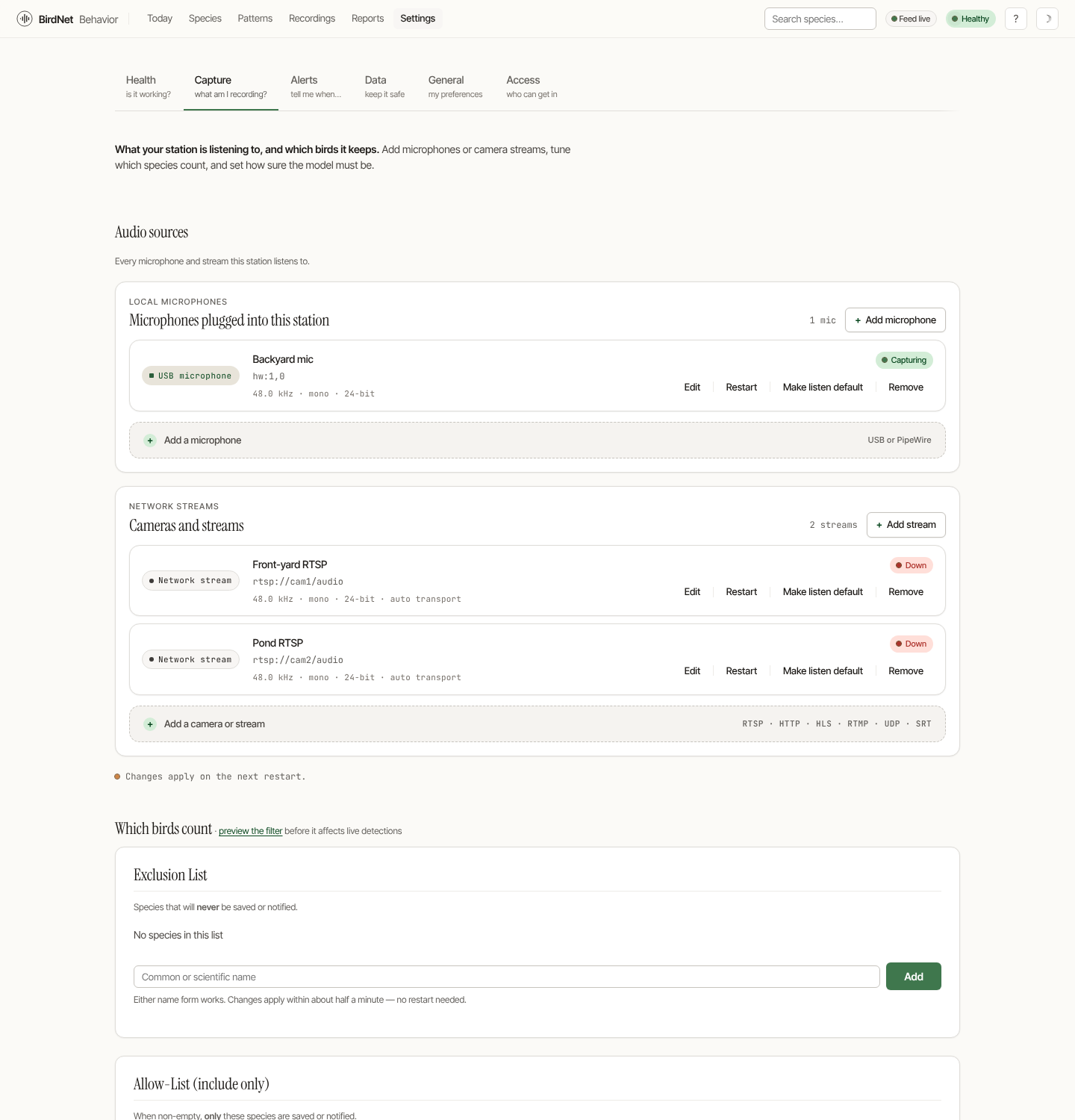The audio settings page