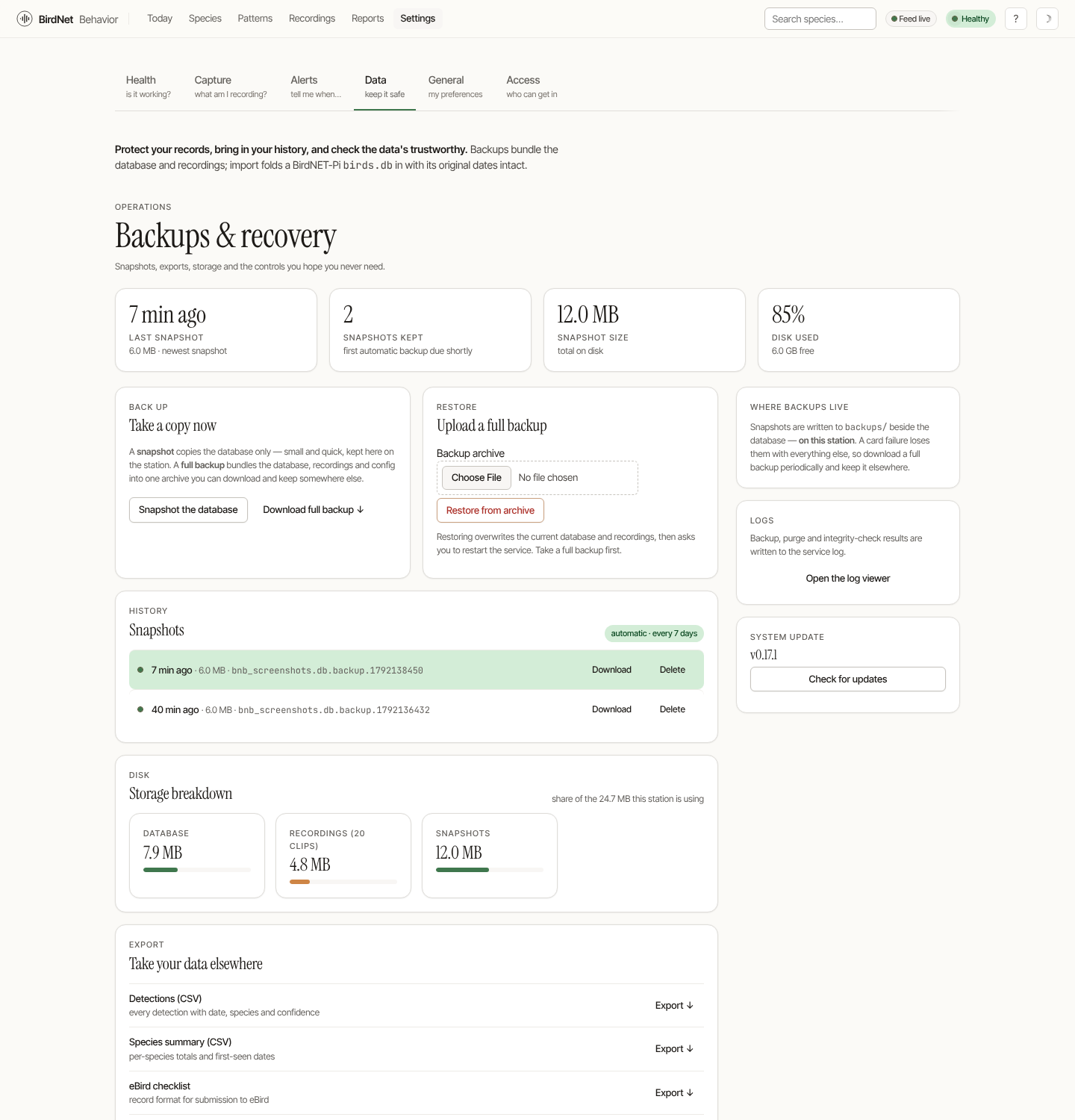 The backups and recovery page