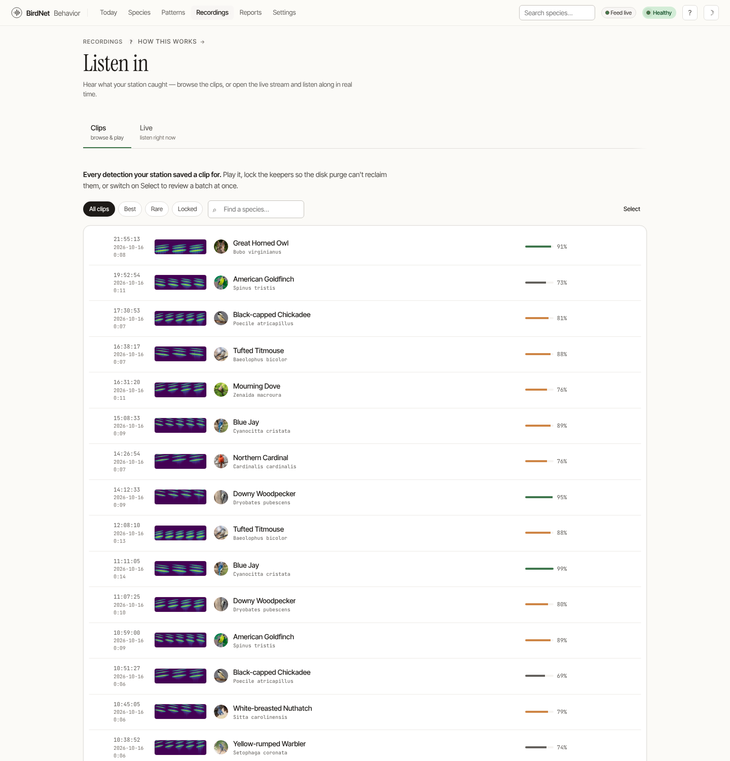 The recordings browser